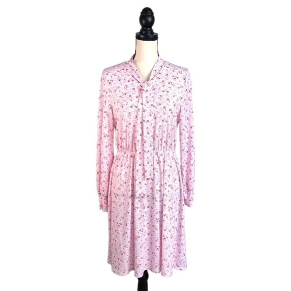 Adrianna Papell Dress Tie Neck Long Sleeve Knit Pink Ivory Painted Ditsy barbie - Picture 1 of 5